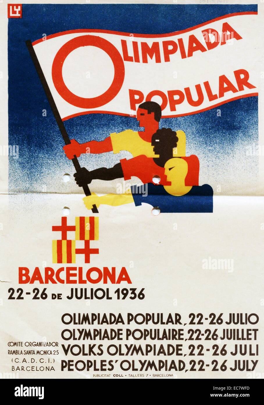 Affiche de l'espagnol offre pour les Jeux Olympiques de 1936. Berlin a remporté la candidature pour accueillir les Jeux sur Barcelone, Espagne et il a marqué le deuxième et dernière fois que le Comité International Olympique se réunissaient pour voter dans une ville qui a été candidates à accueillir ces Jeux. Banque D'Images