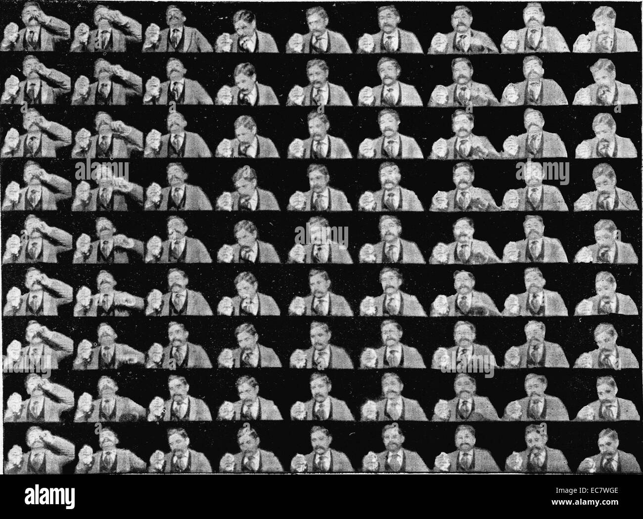 Fred Ott's Sneeze est un Américain 1894, court, noir et blanc, muet du film documentaire tourné par William K.L. Dickson et avec Fred Ott. Dans le deuxième film de l'un des assistants de Thomas Edison, Fred Ott, prend une pincée de tabac à priser et éternue. Banque D'Images
