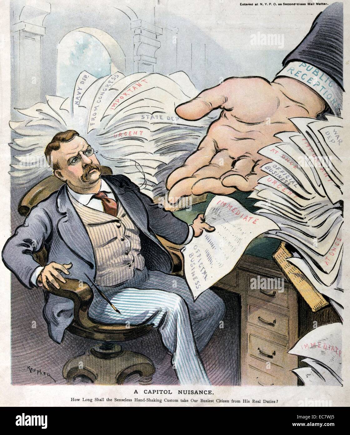 Une nuisance capitol' Le Président Theodore Roosevelt assis à un bureau qui est débordé avec papiers nécessitant son attention immédiate ; à travers les piles de papier est une grande main marqués 'réceptions publiques'. La caricature implique que des apparitions publiques prendre du temps loin de ses fonctions officielles. Banque D'Images