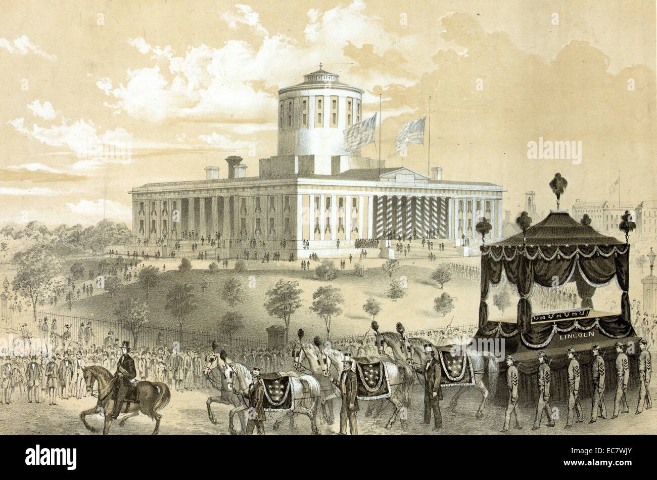 Funérailles de voiture le président Abraham Lincoln en passant l'État chambre à Columbus après sa mort, le 19 avril 1865 Banque D'Images