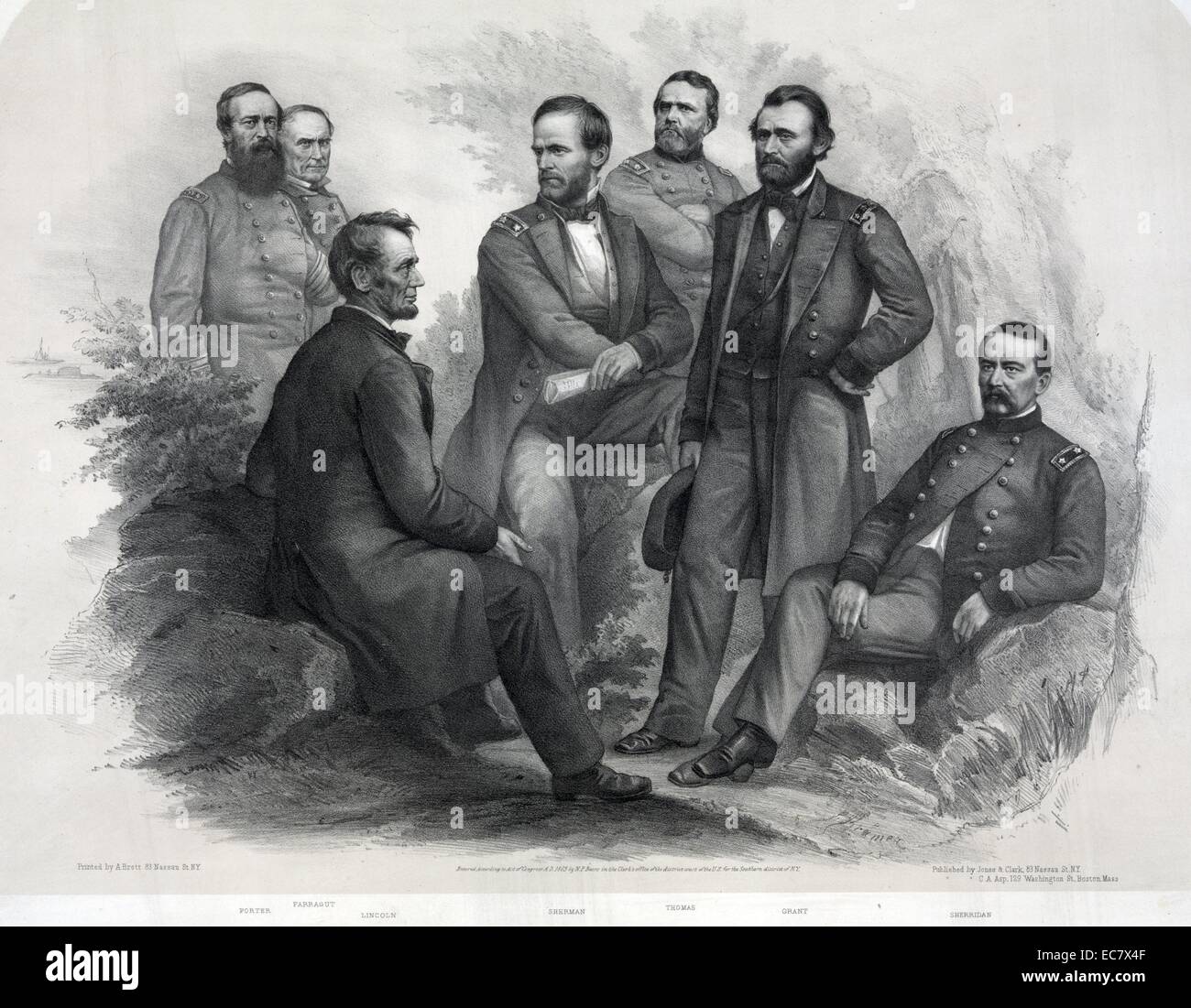 Le président Abraham Lincoln assis sur un rocher parlant avec ses généraux : Porter, l'amiral Farragut, Lincoln, Sherman, Thomas, Grant, et Sheridan. Banque D'Images