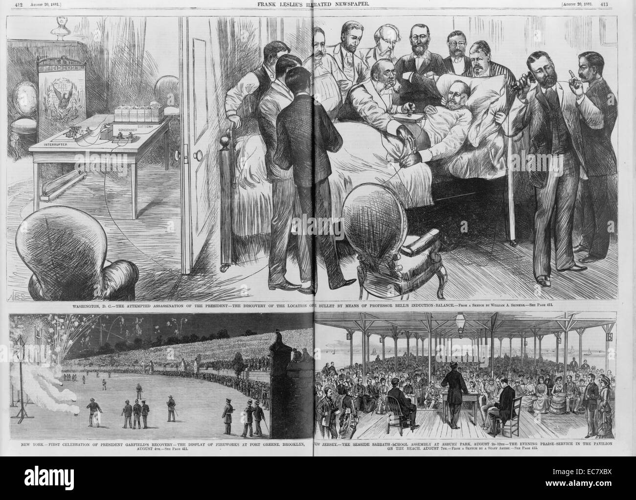 Les événements liés à l'assassinat du Président Garfield (1831-1881) : Alexander Graham Bell en utilisant son induction-balance appareil pour trouver le point du Président Garfield's corps ; feu d'artifice à Fort Greene à Brooklyn, New York ; et un service de soirée à Asbury Park, New Jersey. Banque D'Images