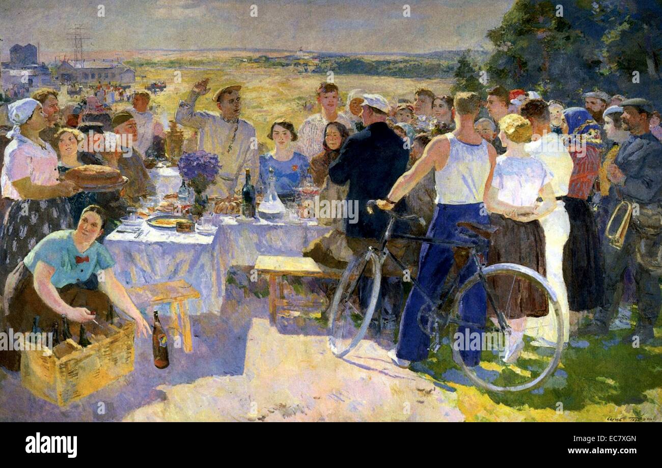 Sergei Gerasimov (artiste russe) de l'art du réalisme soviétique ; une Collective-Farm style 'Festival' 1937 Banque D'Images