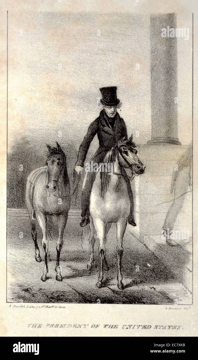 Andrew Jackson, à cheval avec un autre cheval en remorque, en arrivant à la Maison Blanche. Jackson a été le septième président des États-Unis et a servi dans la milice pendant la guerre révolutionnaire américaine. Banque D'Images