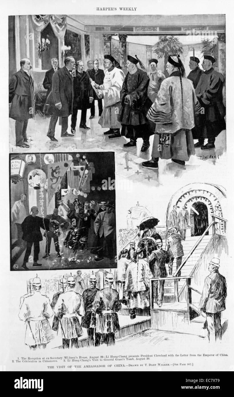 La visite de l'Ambassadeur de Chine' la réception à l'ex-Secrétaire Whitney's house au cours de laquelle Li hongzhang présente le président Cleveland avec une lettre de l'empereur de Chine ; célébration continue dans le quartier chinois ; et une autre vue de visite à la tombe de Grant. Banque D'Images