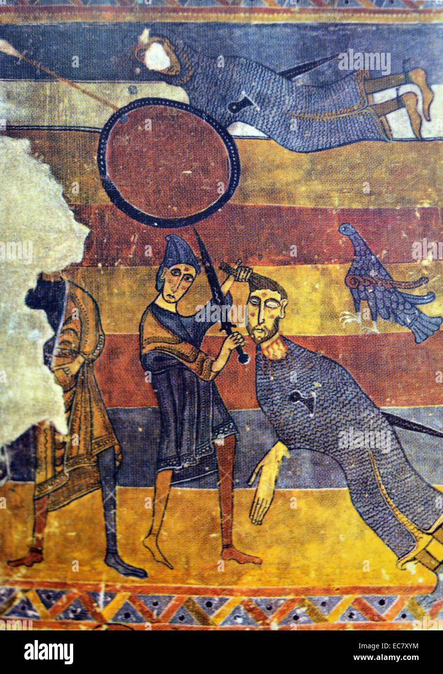 David et Goliath, c1123, fresque, détaché de l'intérieur de l'église de Santa Maria, Tahull, Barcelone. Les fresques de cette petite église cachée dans les montagnes représentent la tradition mozarabe dans sa forme la plus pure. Banque D'Images