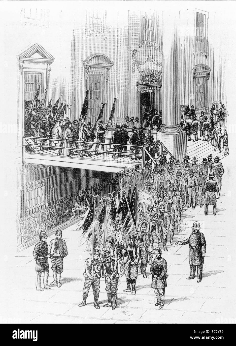 La nouvelle administration - les visiteurs de payer leurs respects à Président Harrison (1773 - 1841) à la Maison Blanche Maison Blanche entrer dans la foule par une porte et sortir à une fenêtre de la salle de l'Est sur un pont temporaire. Banque D'Images
