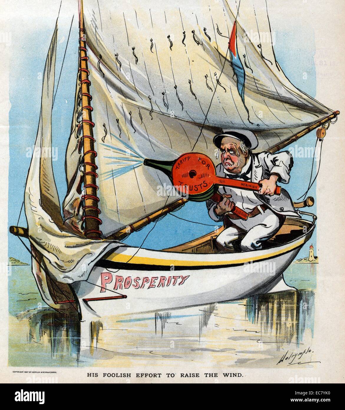 Ses efforts insensés pour lever le vent" le président McKinley assis dans un voilier portant la mention "prospérité", à l'aide d'un soufflet marqués 'Tarif pour des fiducies pour générer assez de vent pour remplir les voiles et propulser le bateau. Banque D'Images