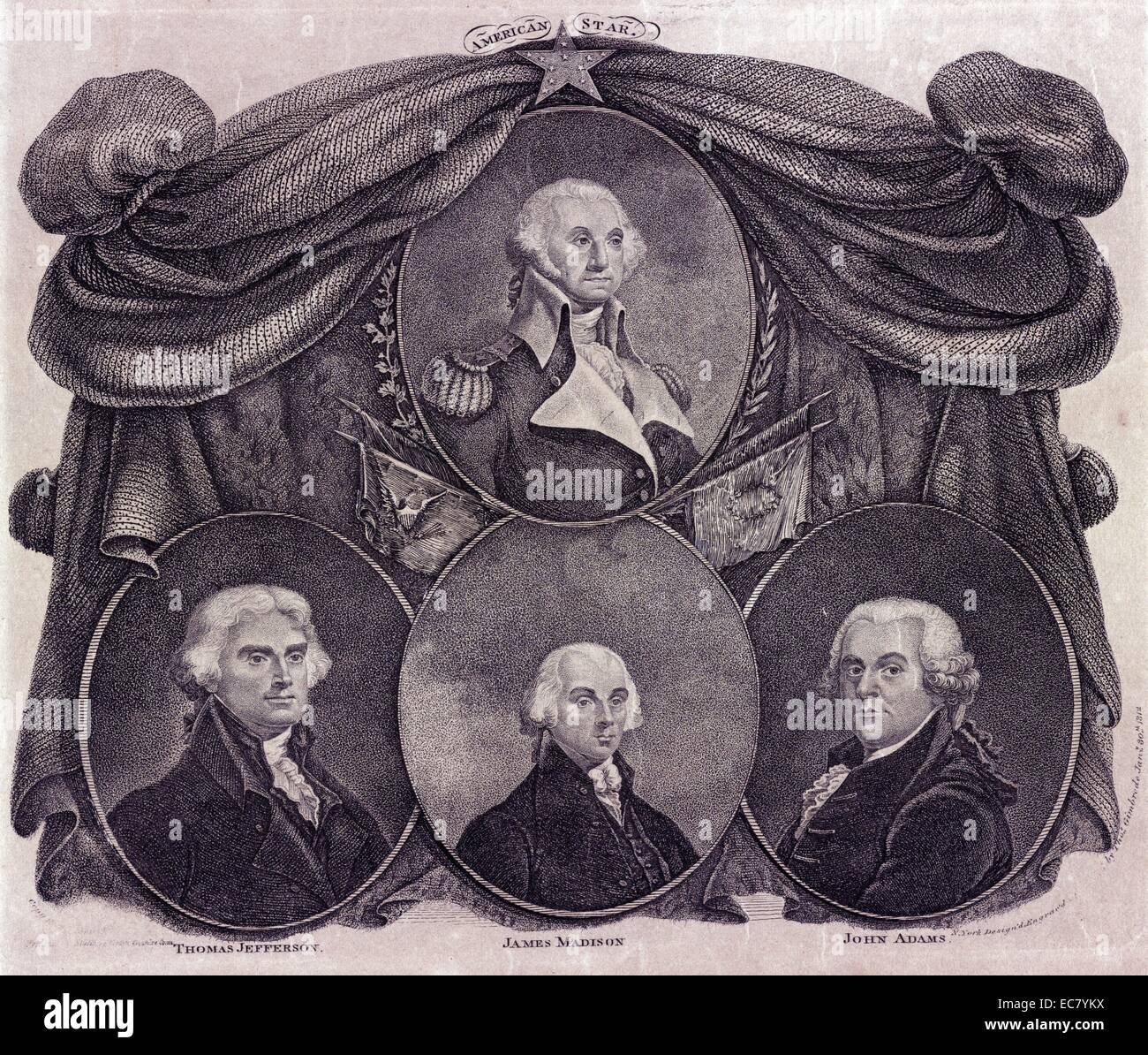 Star américaine Médaillon des portraits de George Washington et (ci-dessous, de gauche à droite) Thomas Jefferson, James Madison, et John Adams sont formulées contre un rideau de drapés et des fourrures surmonté d'une étoile. Le portrait de Washington est nimbées de chênes et de laurier, et décorée de drapeaux, l'un portant le sceau des États-Unis, et l'autre une couronne. Banque D'Images