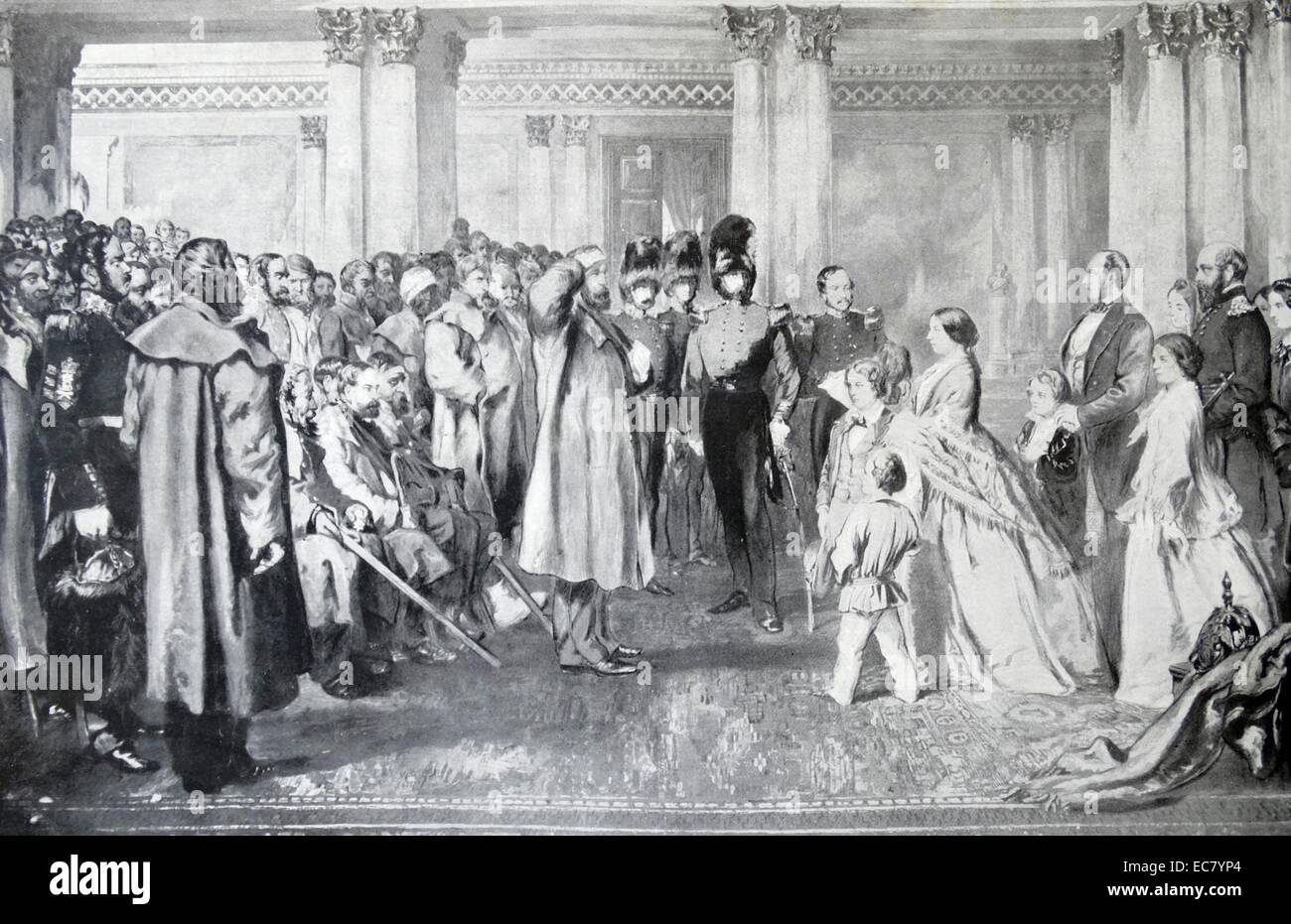 La reine Victoria, Prince Albert et ses enfants reçoivent des anciens combattants de la guerre de Crimée. 1855 Banque D'Images