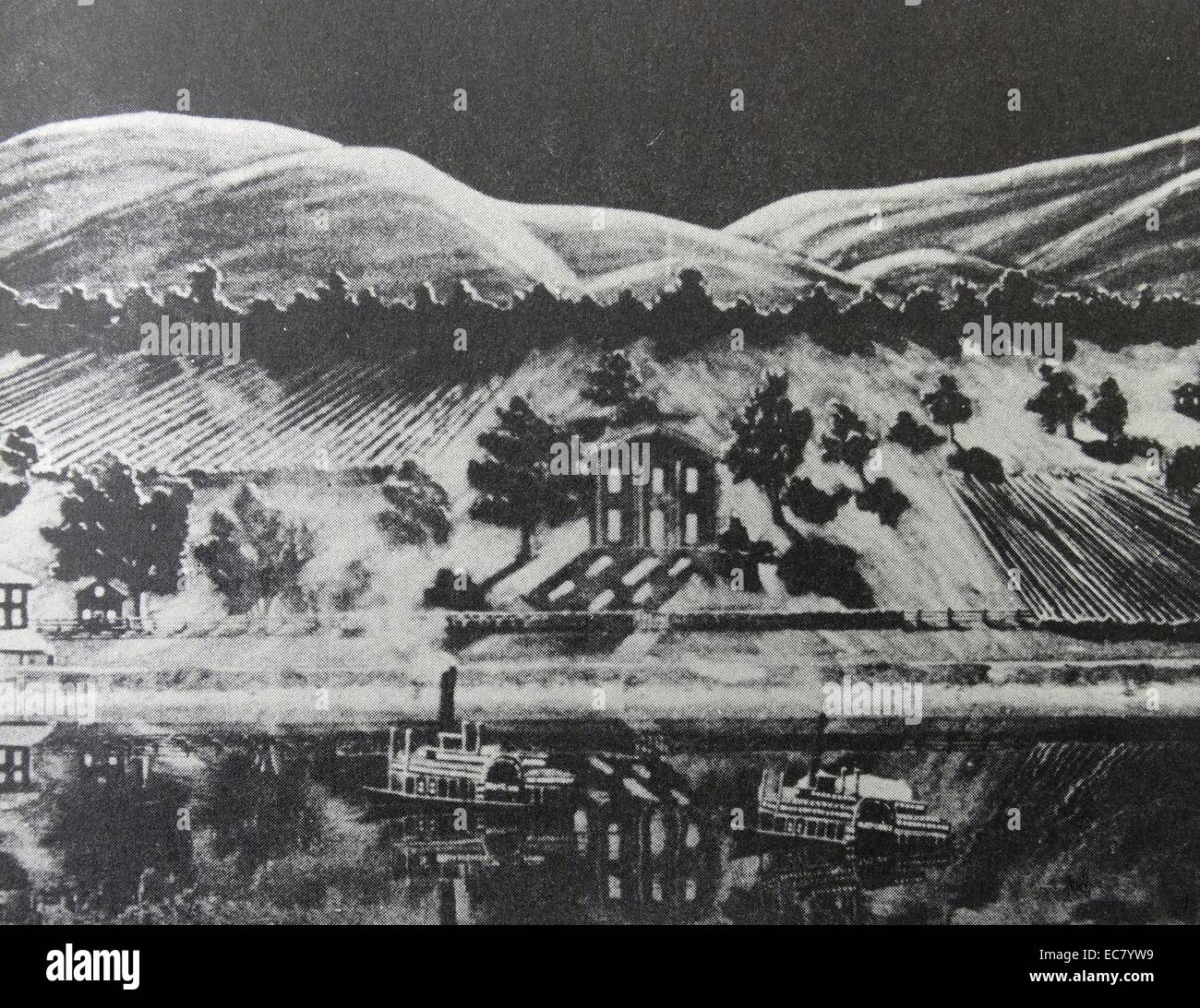 L'oncle Tom. Une super-production de 1903 - Le fond est peint, les bateaux à vapeur sont des jouets, l'eau est réel. Banque D'Images