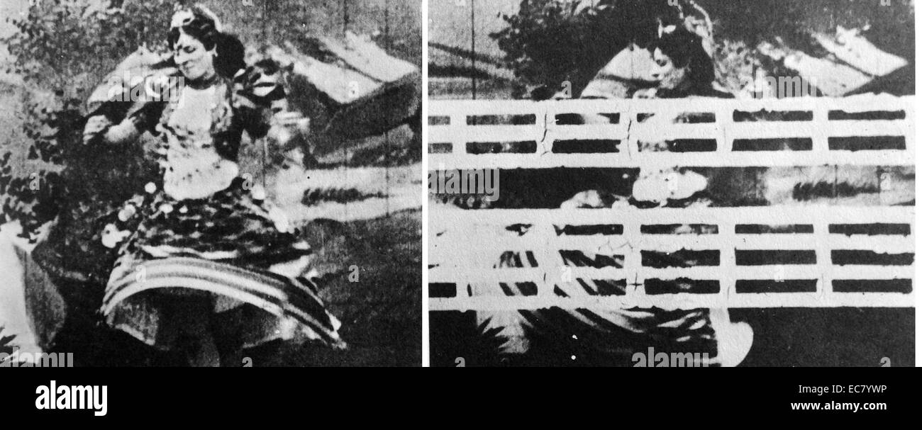 Fatima, une exposition de la Foire mondiale de Chicago en 1896, a été filmé dans sa célèbre danse du ventre, à l'électrocution. Les censeurs de compassion de ces premiers jours, ne voulant pas priver le public de la dame, tout simplement effacé les parties de son shimmy égyptien. Banque D'Images