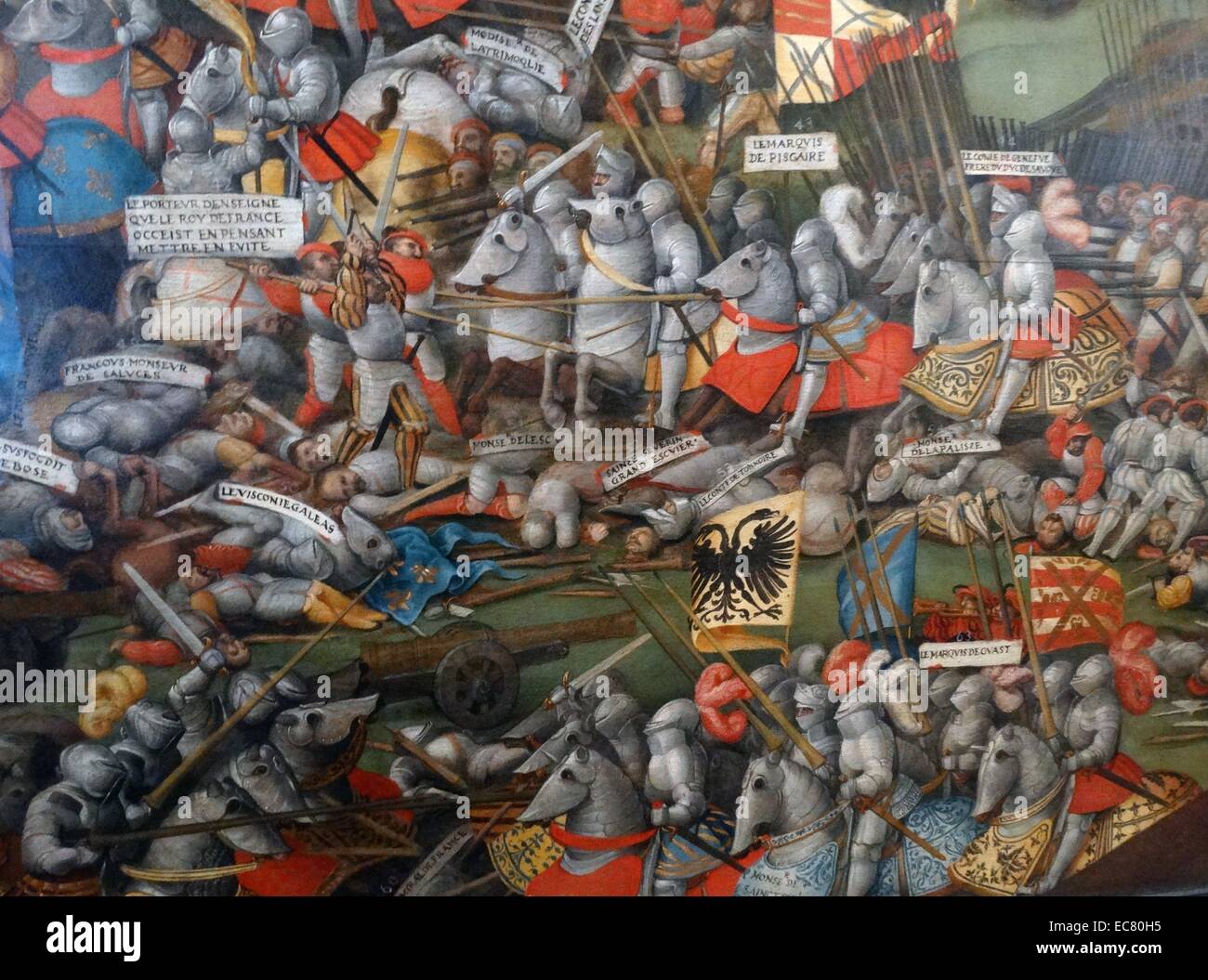 (En détail) de la bataille de Pavie peint 1525-1530 huile sur bois par un artiste inconnu. La bataille de Pavie, le 24 février 1525, a été l'engagement décisif de la guerre italienne de 1521-26. Un Spanish-Imperial ont attaqué l'armée de l'armée française sous le commandement personnel de François I de France. l'armée française a été scindée et défait Banque D'Images