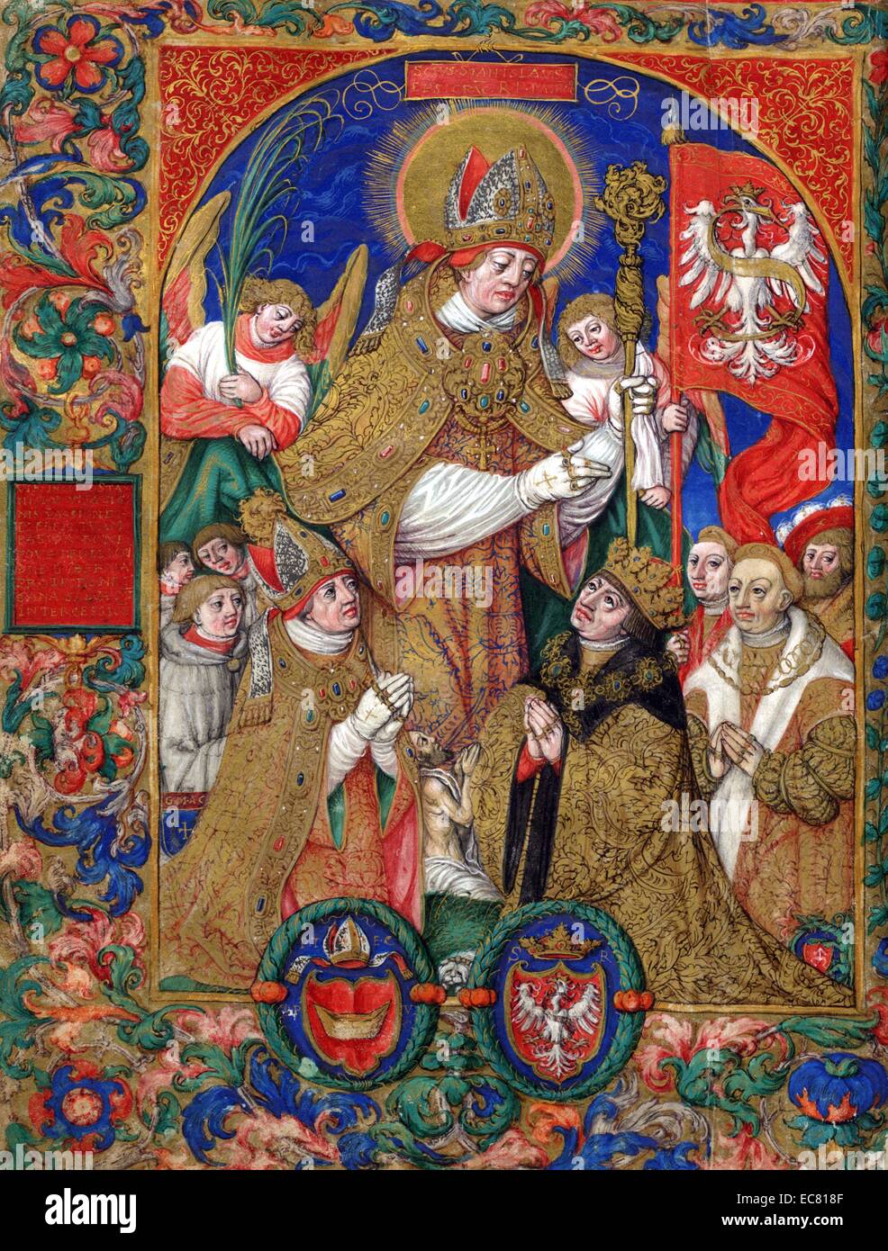 Saint Stanislas de Szczepanów comme le saint patron de la Pologne, vénéré par le roi Sigismond I et Tomicki lui-même avec l'église et de dignitaires séculiers, par Stanis ?aw Samostrzelnik, 1535. Les deux plus grandes figures à genoux au pieds du saint sont le roi Sigismond I de Pologne et Piotr Tomicki, évêque de Cracovie et vice-chancelier de la Couronne. Derrière lui s'agenouiller Krzysztof Szyd ?owiecki, grand chancelier de la Couronne, Trésorier Miko ?aj Szyd ?owiecki et secrétaire royal Decjusz juste. Banque D'Images