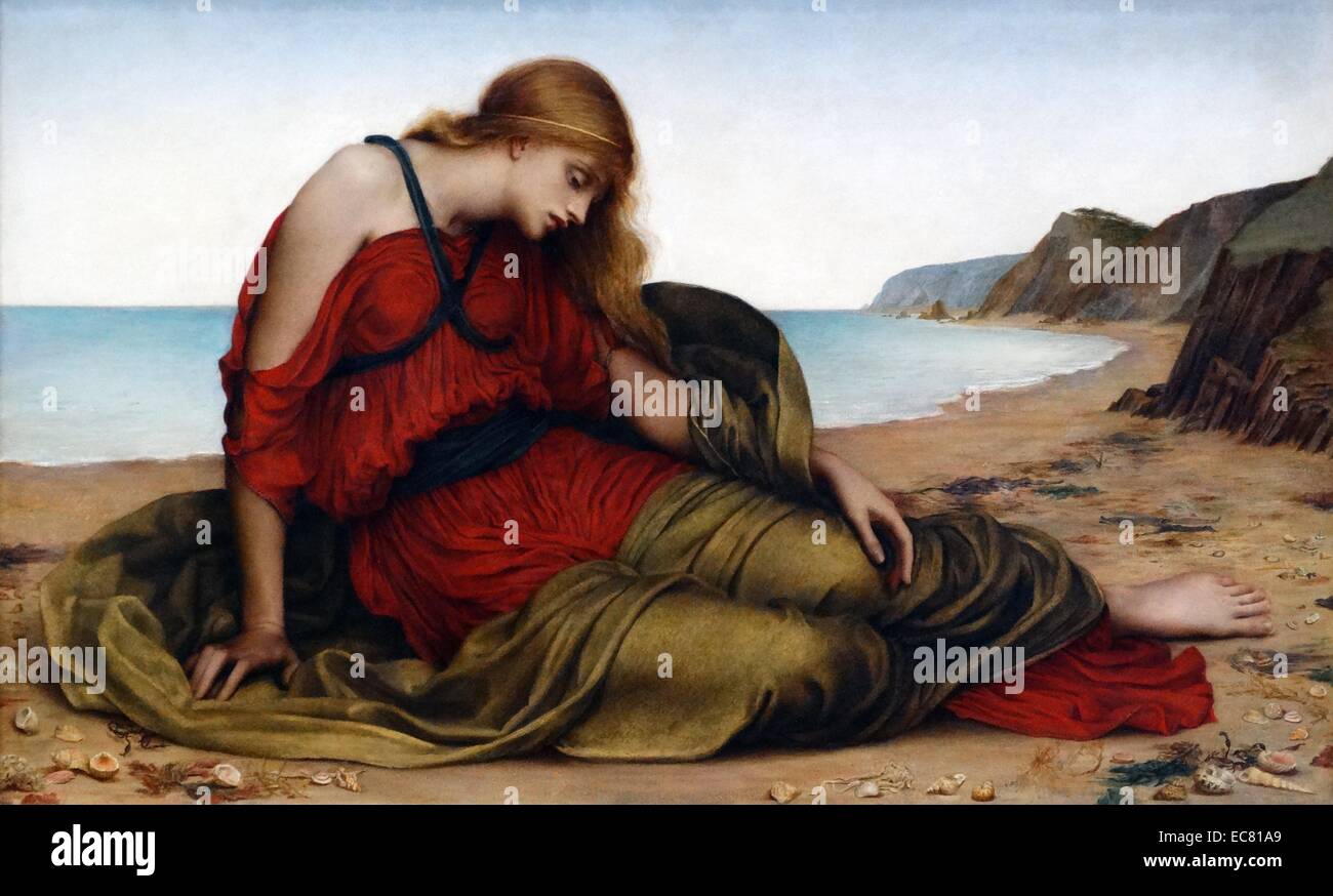 Ariadne à Naxos 1877, par Evelyn de Morgan (30 août 1855 - 2 mai 1919) ; Anglais peintre préraphaélite. Ariadne dans la mythologie grecque, était la fille de Minos, Roi de Crète, elle est surtout associée aux dédales et labyrinthes, en raison de son implication dans les mythes du Minotaure et de Thésée. Elle s'est enfuie avec Thésée qui abandonne Ariadne dormir sur Naxos, Dionysos et redécouvert et son épouse. Banque D'Images