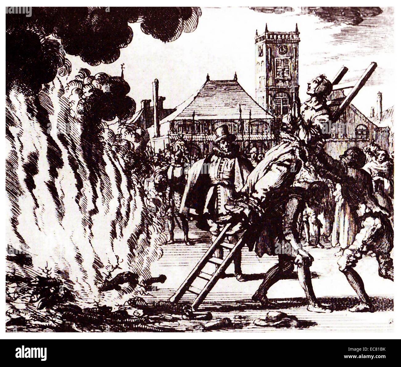 L'incendie d'une 16ème siècle anabaptistes hollandais, Anneken Hendriks, qui a été accusé par l'Inquisition espagnole avec l'hérésie. Amsterdam, 1571. Gravure de Jan Luyken Banque D'Images