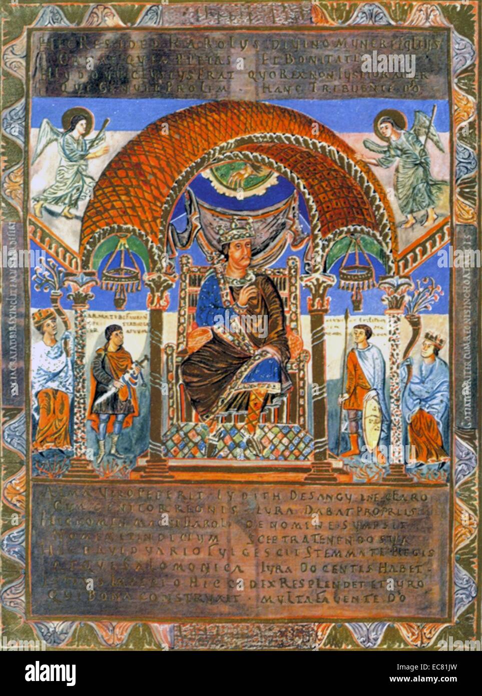 Charles II se trouve entre deux transporteurs d'armes et les personnifications de pays Francia et Gothie, miniature du Codex Aureus de St Emmeram, Reims entrouverte pour 870 Cela montre la représentation de l'empereur Henri II est dans son sacramentaire n Banque D'Images