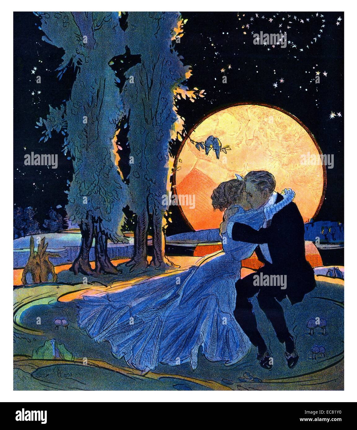 Le temps d'accouplement ; 1910. Par Gordon Ross 1873-1946, l'artiste. L'illustration montre un jeune homme et une jeune femme s'embrasser et leur reflet dans la pleine lune en arrière-plan, montre aussi des grenouilles, des lapins, des oiseaux, et les champignons que des couples, et deux arbres comme des silhouettes d'un couple. Les étoiles se forment des cœurs interconnectés dans le ciel nocturne. Banque D'Images
