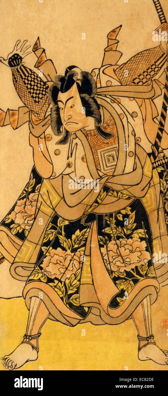 Gravure sur bois japonaise coloriés à la main. Image montre l'acteur Ichikawa Monnosuke, il est représenté avec une épée dans la pose du dieu du tonnerre. Créé entre 1772 et 1781. Banque D'Images