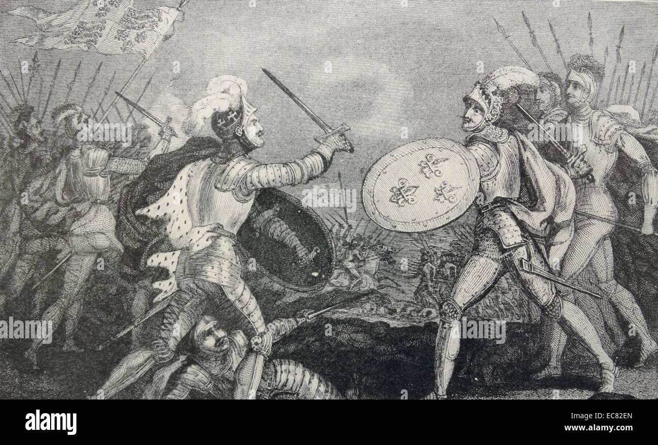 Gravure de la bataille d'Azincourt, une importante victoire anglaise dans la Guerre de Cent Ans. En date du 15e siècle Banque D'Images