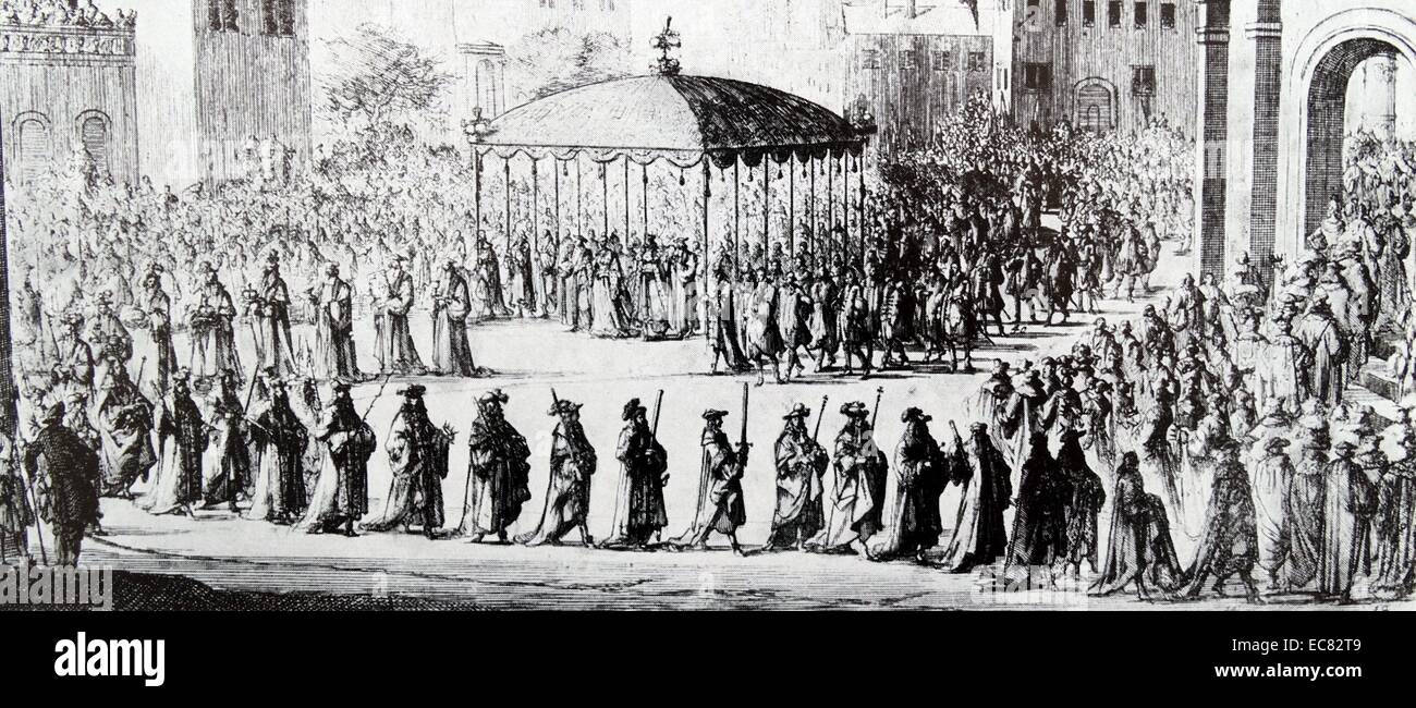 Gravure du roi Richard I's Coronation (1157-1199) Roi d'Angleterre, duc de Normandie, duc d'Aquitaine, duc de Gascogne, seigneur de Chypre, comte de Poitiers, comte d'Anjou, comte du Maine, comte de Nantes, et suzerain de la Bretagne. Il est représenté en laissant la terre sainte par bateau. En date du 12e siècle Banque D'Images