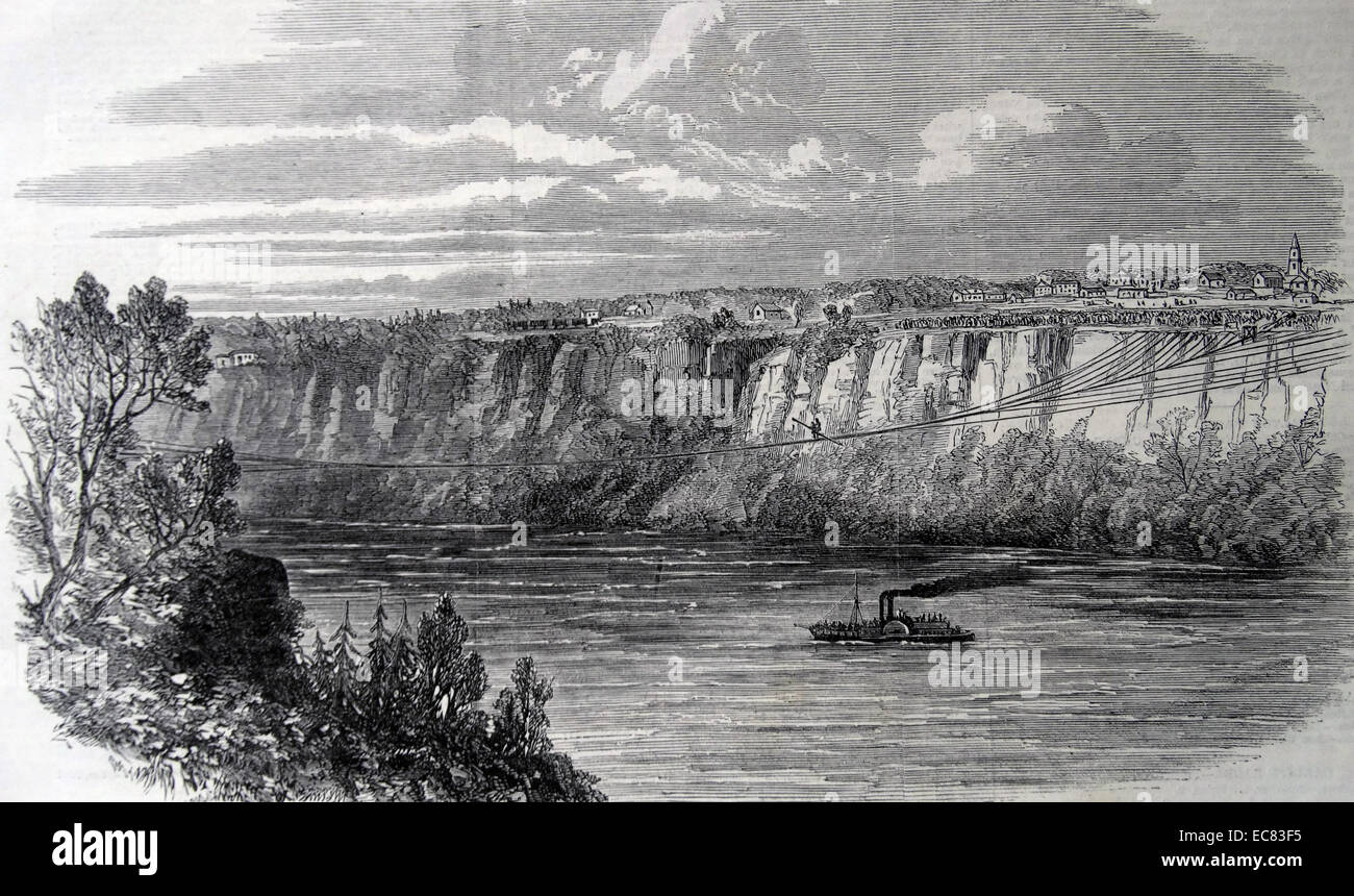 Farina ; avec un homme sur son dos ; passage de la Niagara sur une corde raide. D'après un croquis pris par feu H. Ingram ; de Clifton House balcon ; août 29,1860. Banque D'Images