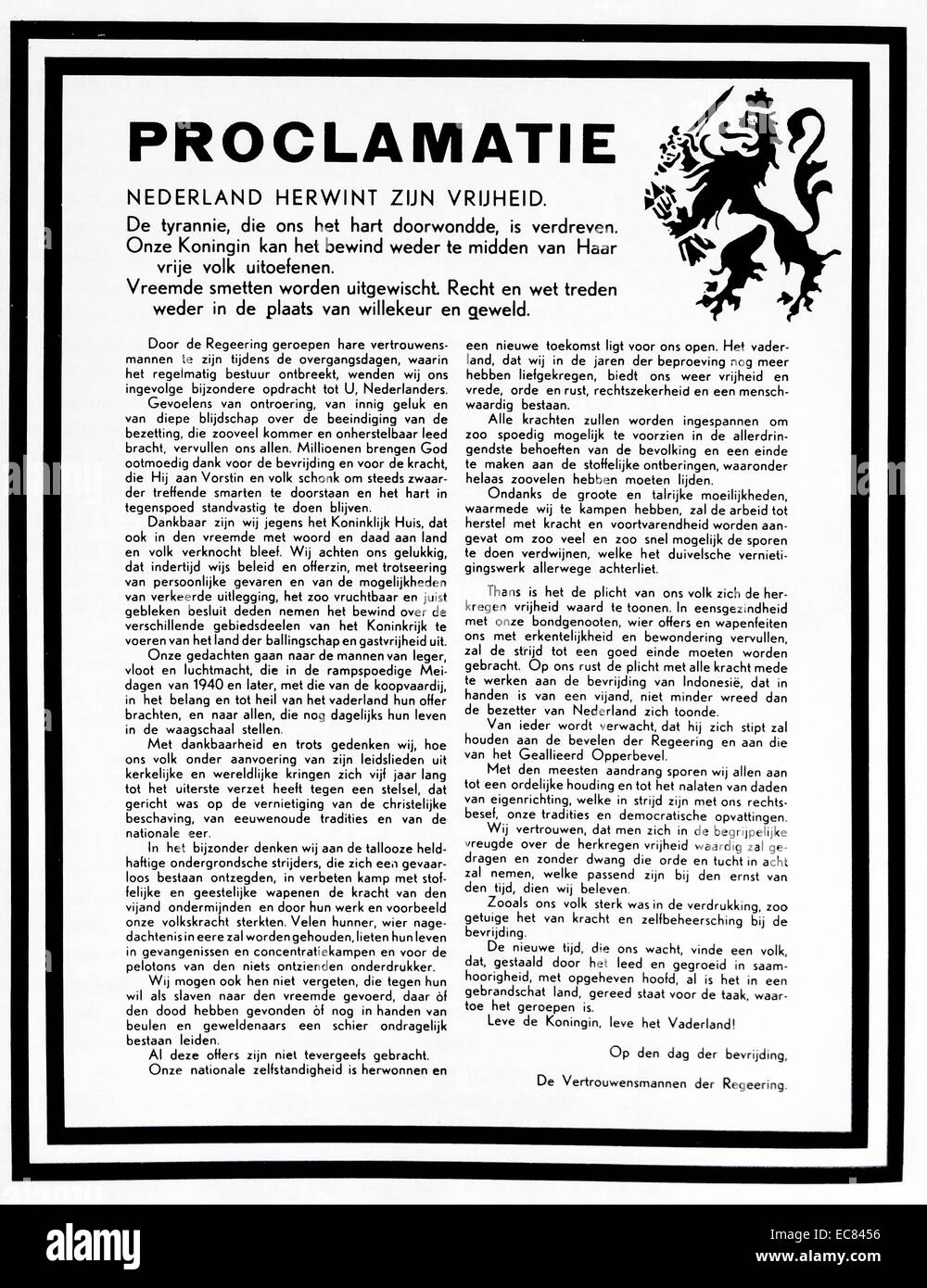 La première proclamation publique marquant la fin de la seconde guerre mondiale en Hollande Banque D'Images La première proclamation publique marquant la fin de la seconde guerre mondiale en Hollande Banque D'Images