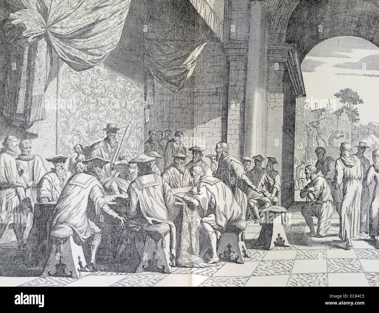 Le Conseil de l'interrègne (Raad van Beroerten) le tribunal spécial a été institué le 9 septembre 1567 par le duc d'Albe, gouverneur-général de l'Habsburg Pays-bas ; pour punir les meneurs des récents troubles politiques et religieux '" aux Pays-Bas. En raison des nombreuses condamnations à mort prononcées par le tribunal ; il devint aussi connu sous le nom de Conseil de sang Banque D'Images