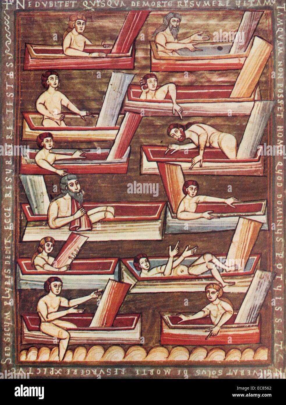 Fresque intitulée "La Résurrection des Morts" de l'Évangile de Vysehrad. En date du 11e siècle. Banque D'Images