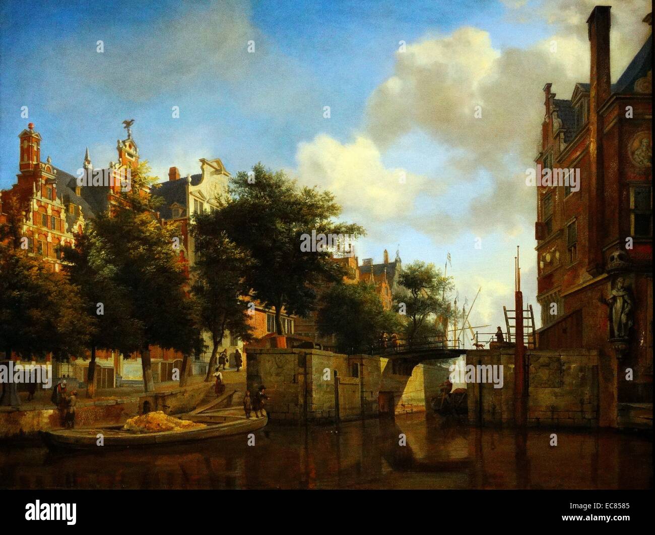 Peinture d'Amsterdam Vue sur la ville avec des maisons sur l'Herengracht et le vieux Haarlemmersluis. Peint par Jan van der Heyden (1637-1712). En date du 17e siècle Banque D'Images