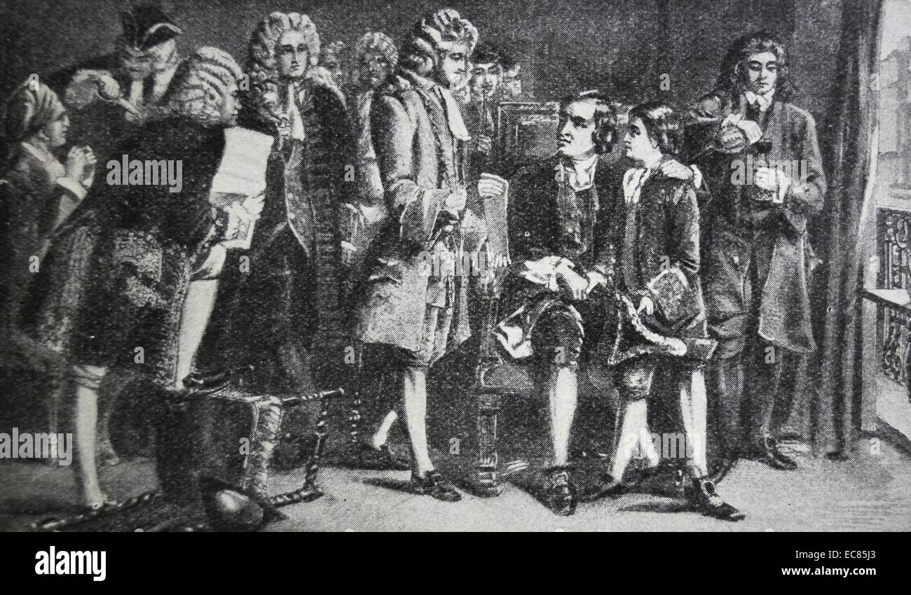Gravure de John Dryden (1631-1700) Rencontre avec Alexander Pope, le garçon qui a porté sur la façon d'écrire de Dryden. John Dryden fut un poète, critique littéraire, traducteur et dramaturge qui a été faite en 1668 du poète. En date du 17e siècle. Banque D'Images