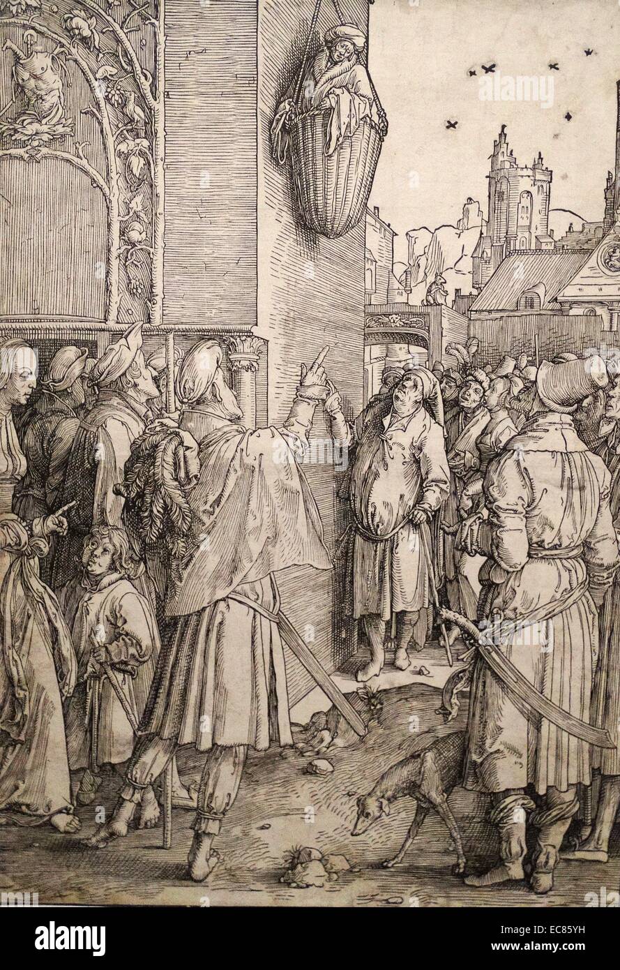 Gravure sur bois représentant Virgile dans un panier. Par Lucas van Leyden (1494-1533). En date du 16e siècle Banque D'Images