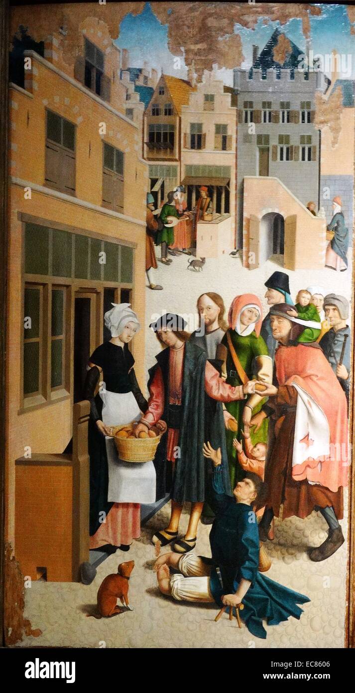 La peinture intitulée 'Les sept oeuvres de miséricorde" peint par le maître d'Alkmaar (actif 1490-1510). En date du 16e siècle Banque D'Images
