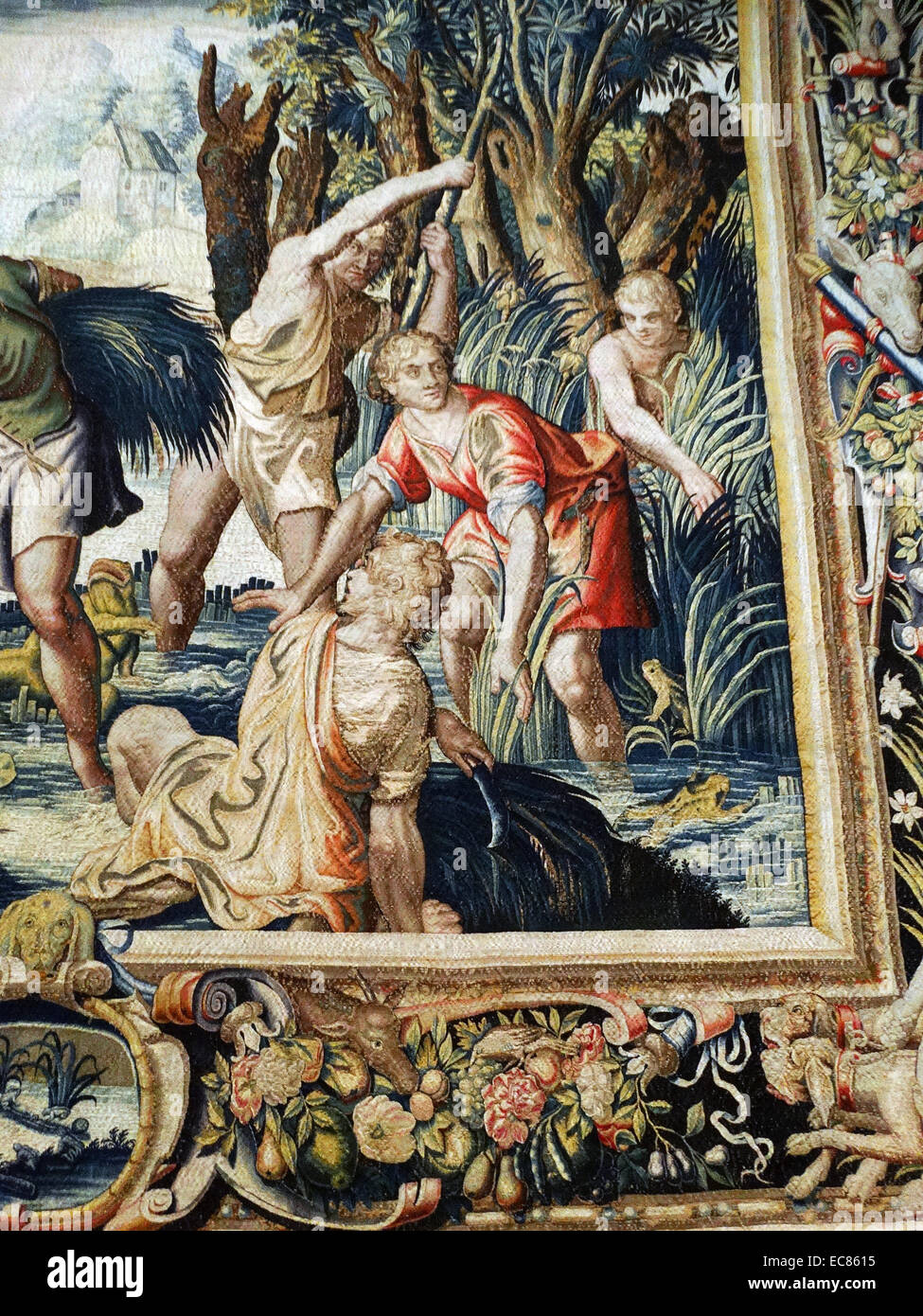 Détail d'une tapisserie créé à l'atelier de Philip de Maecht ; Paris 1619-20. Latona avec ses enfants Diane et Apollon Banque D'Images