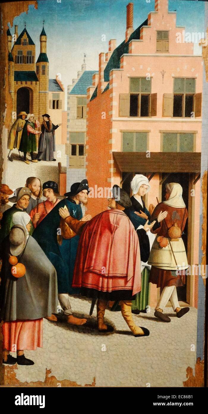 La peinture intitulée 'Les sept oeuvres de miséricorde" peint par le maître d'Alkmaar (actif 1490-1510). En date du 16e siècle Banque D'Images