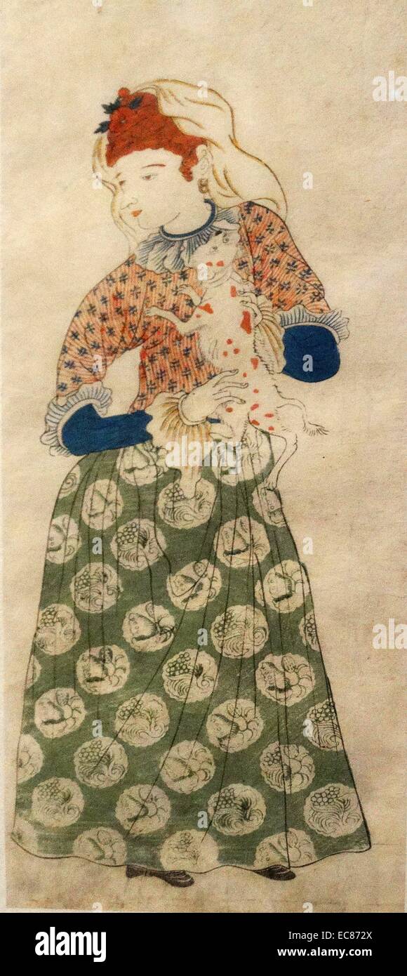 Dutch femme avec son chien, le Japon. Datée 1864 Banque D'Images