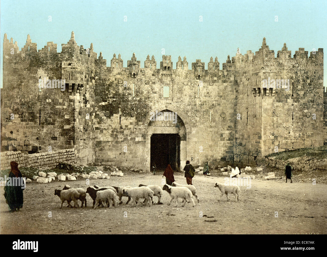 Photographie couleur de la Porte de Damas, Jérusalem Est. Datée 1920 Banque D'Images