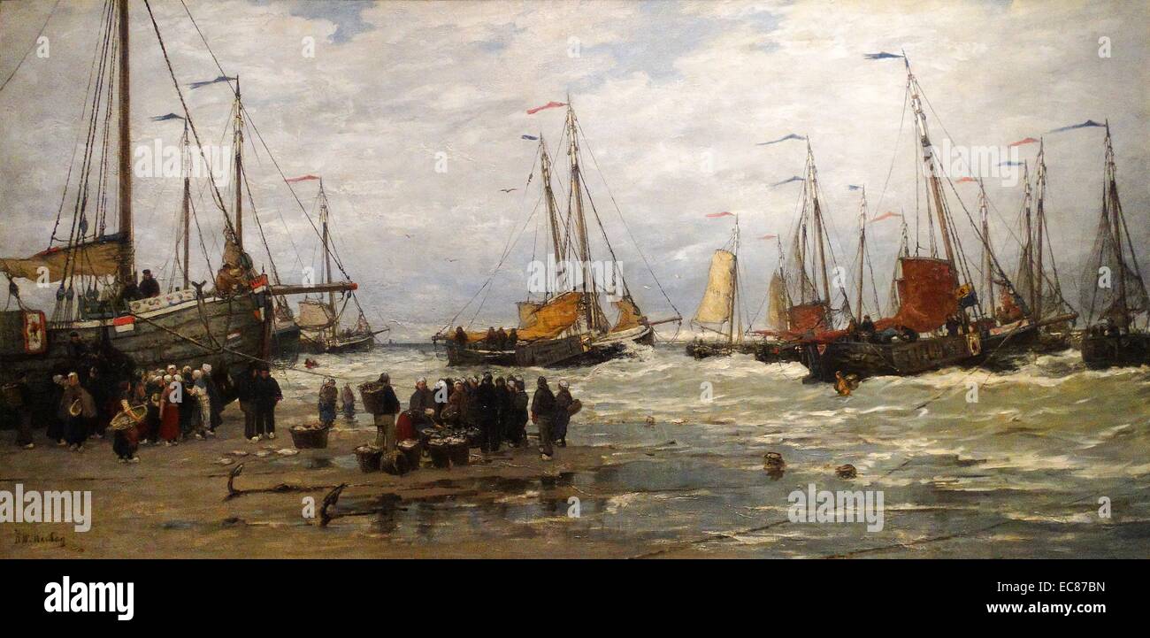 La peinture intitulée 'Rose Pêche en vagues' peint par Hendrik Willem Mesdag (1831-1915) peintre de marine néerlandais. Datée 1885 Banque D'Images