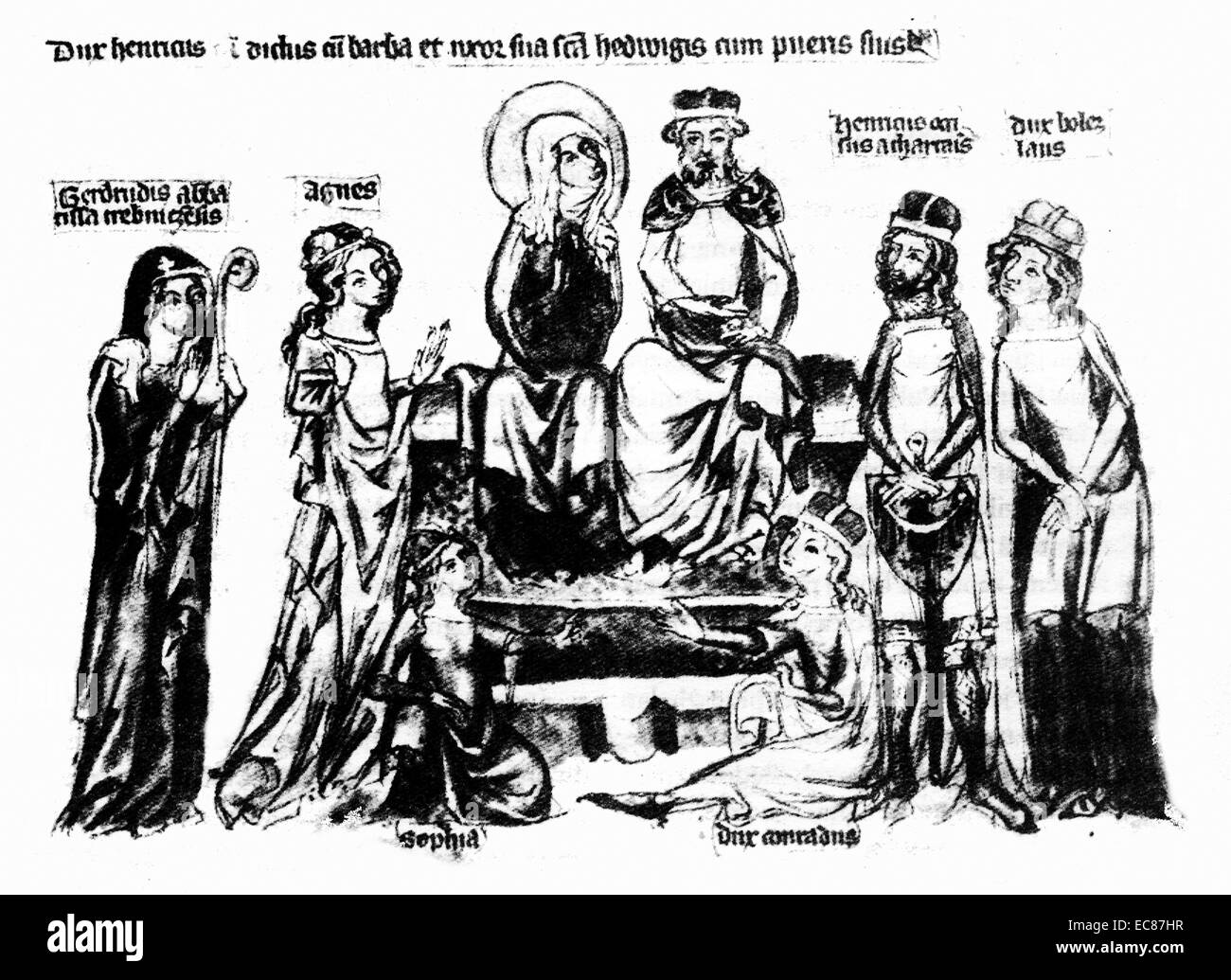 Imprimer de Henry le Barbu et de sa femme Jadwiga et les enfants (de gauche à droite, Gertrude, Anges, Henry II, Boleslaw, Sophie et Konrad. En date du 13e siècle Banque D'Images