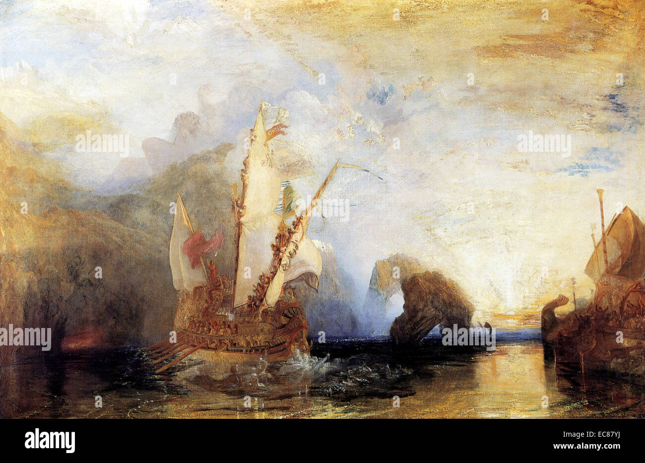 La peinture intitulée "Ulysse se moquer de Polyphème" illustrant une scène de l'Odyssée d'Homère, Ulysse montrant debout sur son navire se moquer de Polyphème. Peint par Joseph Mallord William Turner. Datée 1829 Banque D'Images