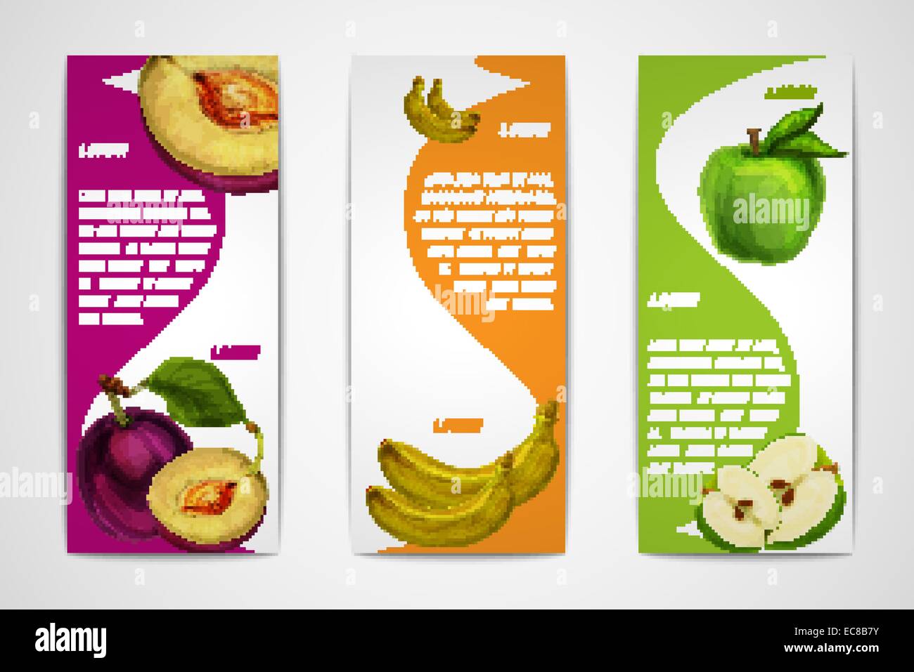 Les matières organiques naturelles mixtes fruits doux collection de bannières verticales de prune et d'Apple pour la banane dessert café menu design template ve Illustration de Vecteur