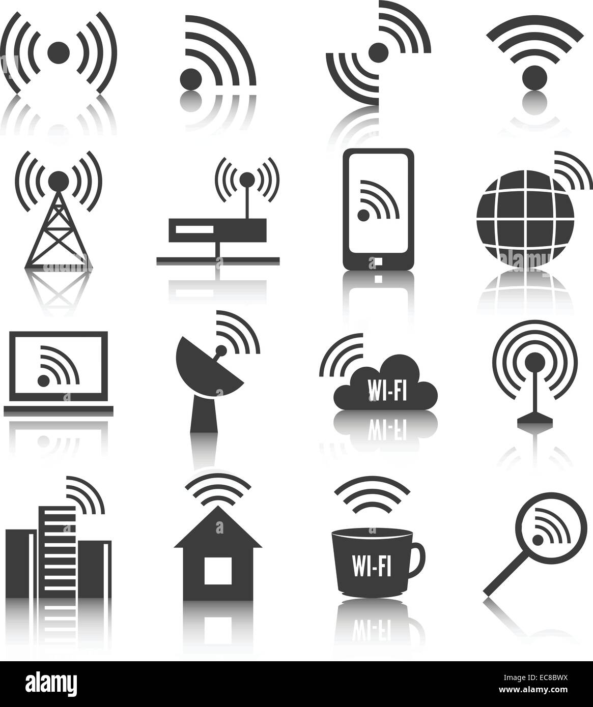 Réseau de communication sans fil noir business icons set de signal wifi recherche tour de téléphonie cellulaire et de l'antenne du transmetteur vecteur isolé Illustration de Vecteur