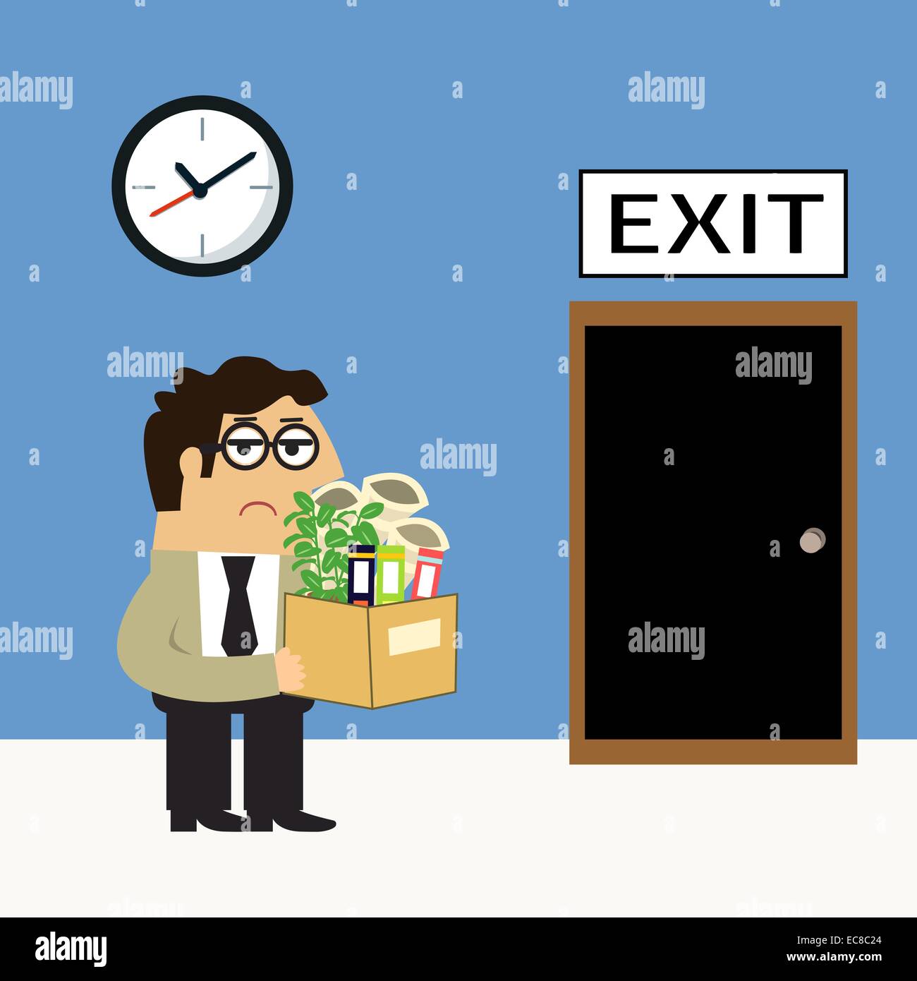 Triste vie de l'entreprise employé avec effets personnels fort va à la porte de sortie de scène d'incendie concept vector illustration Illustration de Vecteur