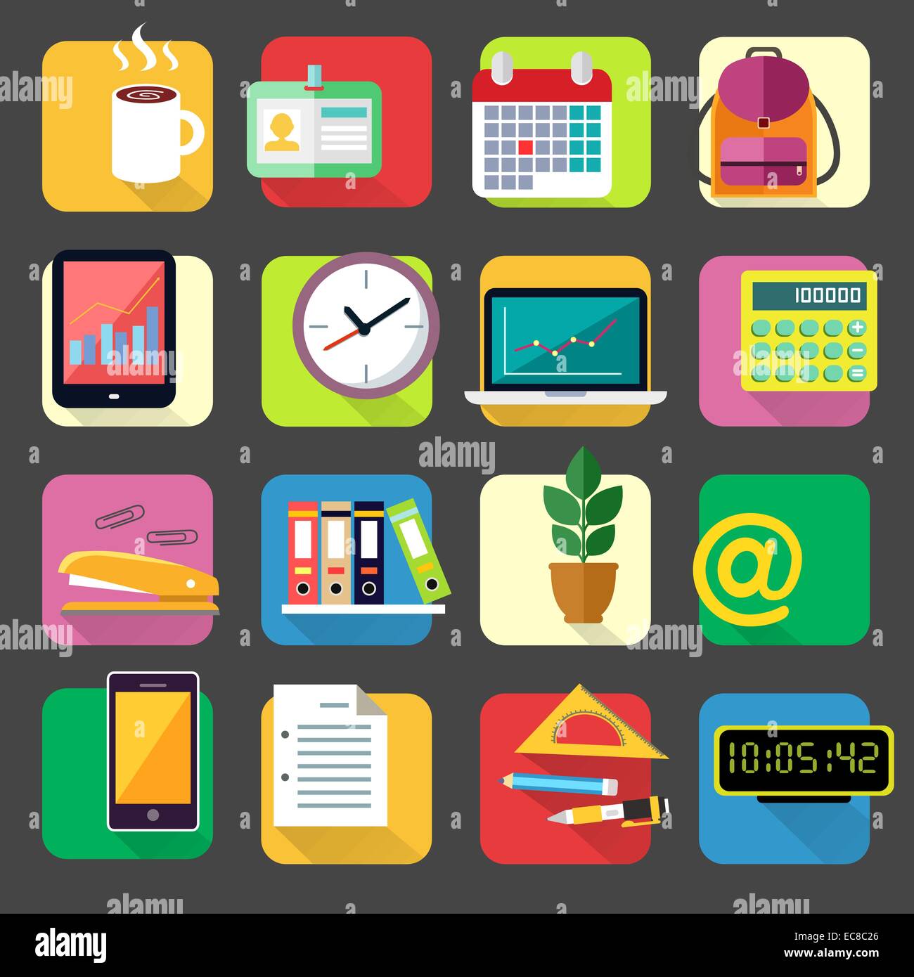 Les fournitures de bureau d'affaires ensemble d'icônes de fichiers et café ficus isolés calendrier vector illustration Illustration de Vecteur