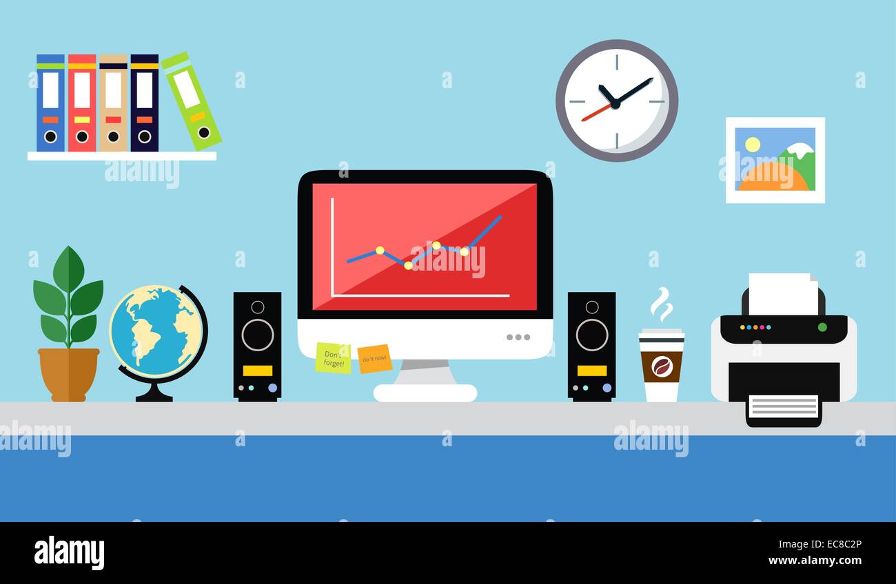 Station de travail de bureau haut-parleurs de l'ordinateur avec imprimante dossiers papier modèle plat vector illustration Illustration de Vecteur