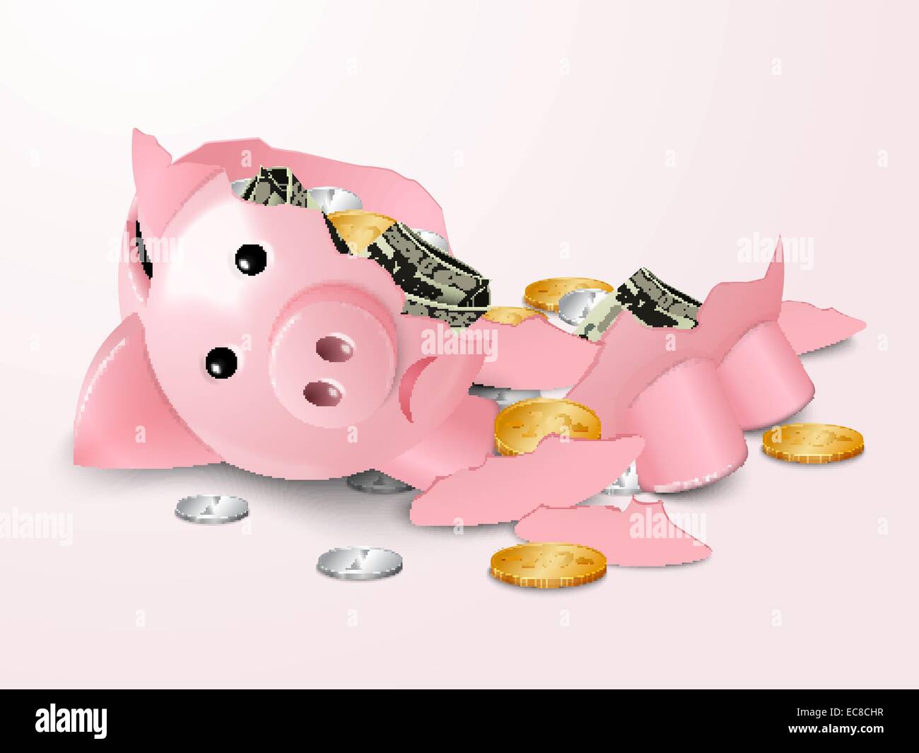 Triste casse tirelire coffre-fort de l'argent avec les billets et pièces en dollars concept vector illustration Illustration de Vecteur