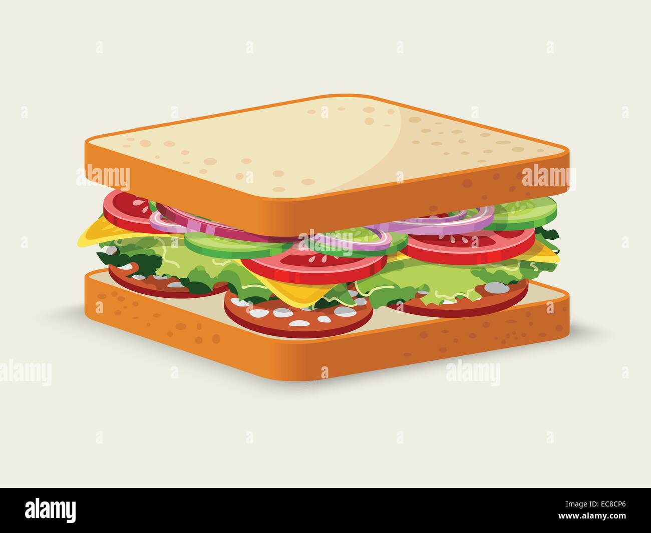 Sandwich au salami emblème alimentaire salade de tomates avec du fromage oignon concombre vector illustration isolé Illustration de Vecteur