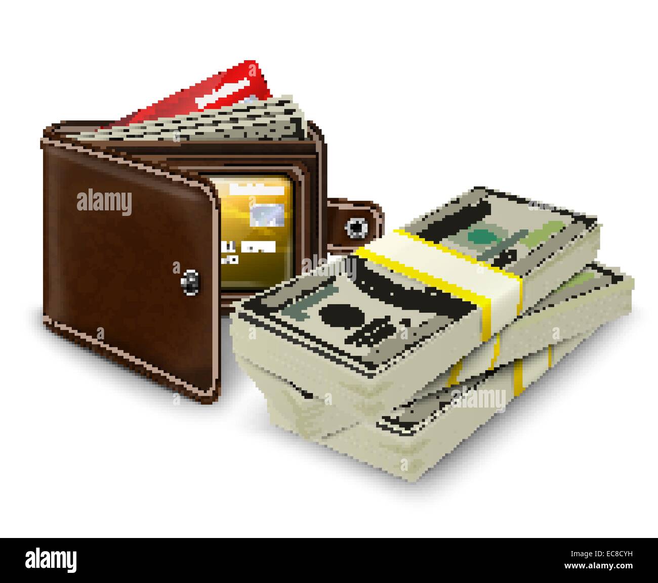 Moderne classique de poche cuir marron porte-monnaie ouvert avec carte de crédit des projets et rouleau de banque vector illustration Illustration de Vecteur