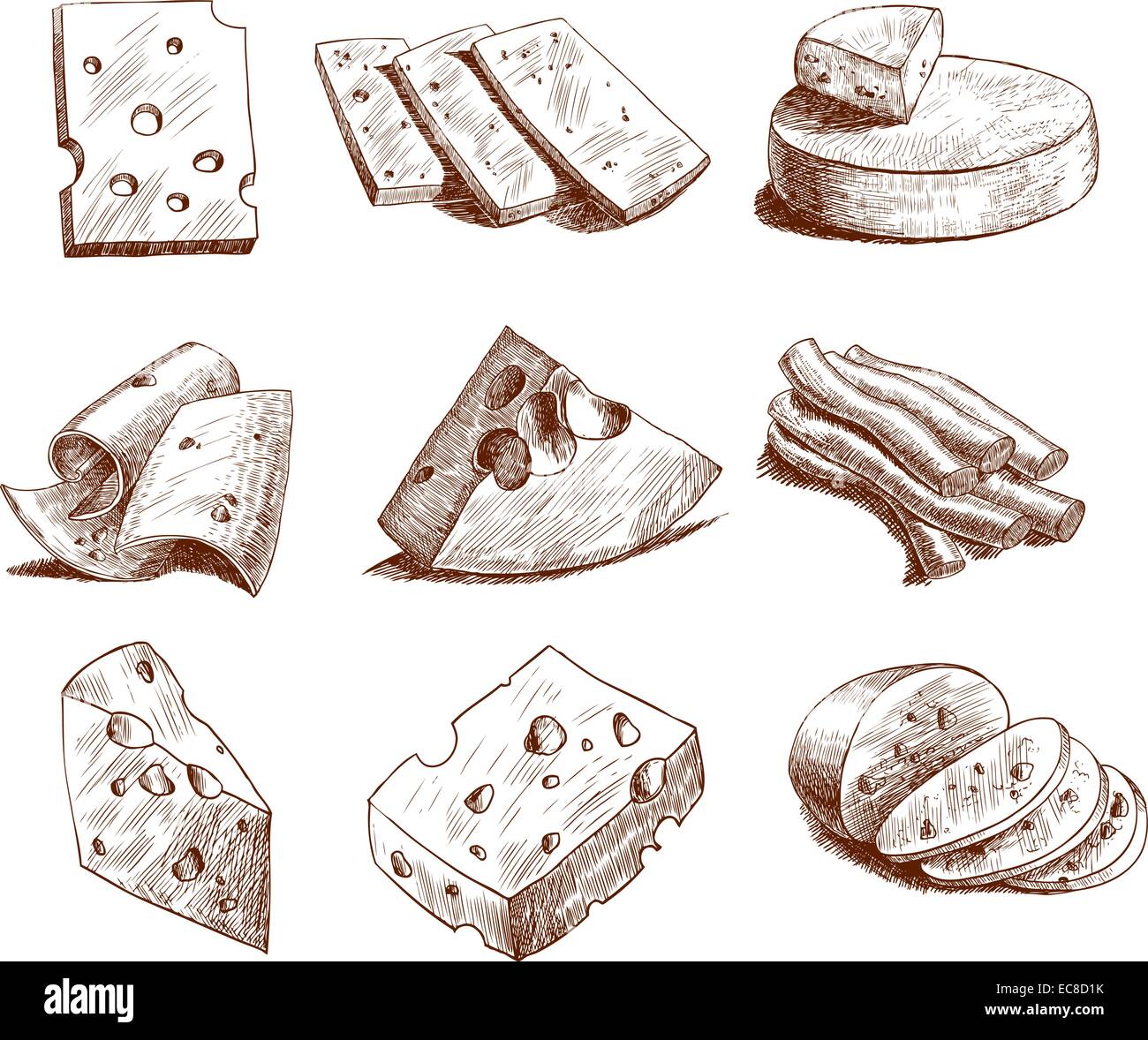 Ensemble de blocs de fromage et les tranches assortiment doodle food icons set vector illustration Illustration de Vecteur