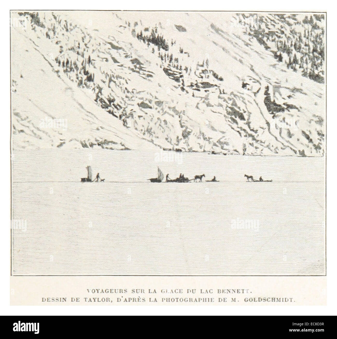 Ce dessin de Boillot, réalisé en 1899, illustre des voyageurs sur la glace du lac Bennett, d'après une photographie de M. Goldschmidt. L'image illustre les défis de l'exploration arctique à la fin du XIXe siècle. Banque D'Images